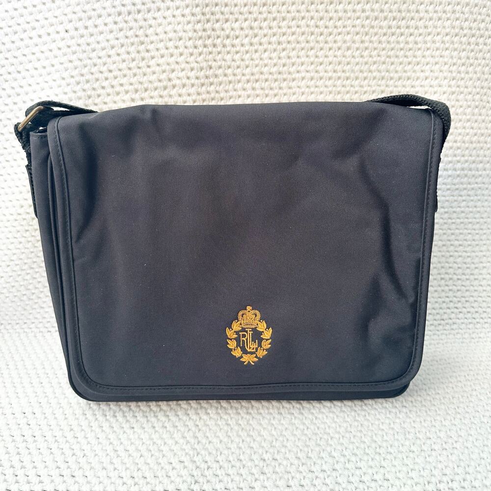 Lauren Ralph Lauren Vintage Black Front Flap Messenger Bag Gold Crest Unisex